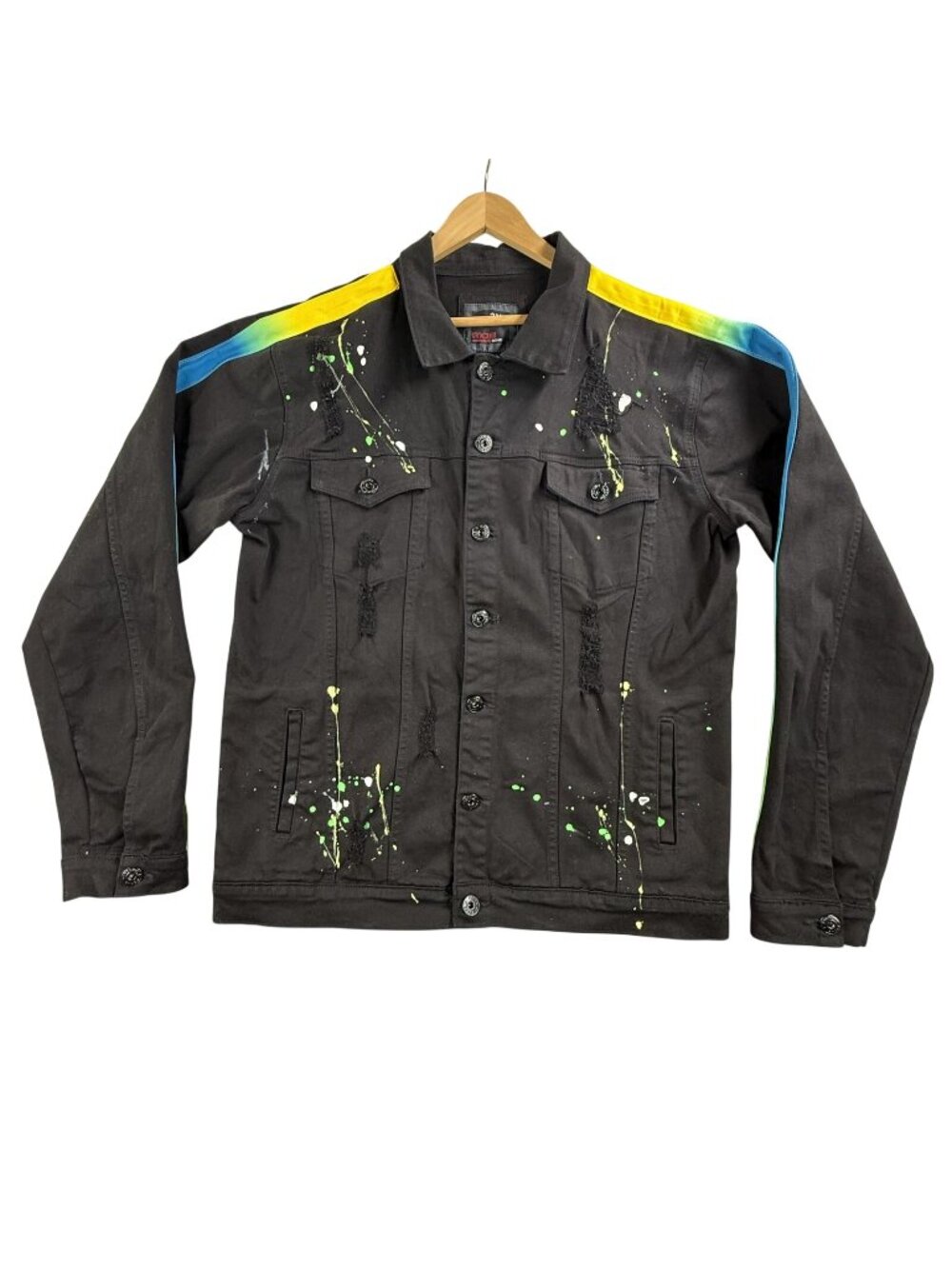 Focus Jacket Mens 3XL Black Denim Biker Paint Splatter Stripe Gradient Art Y2K